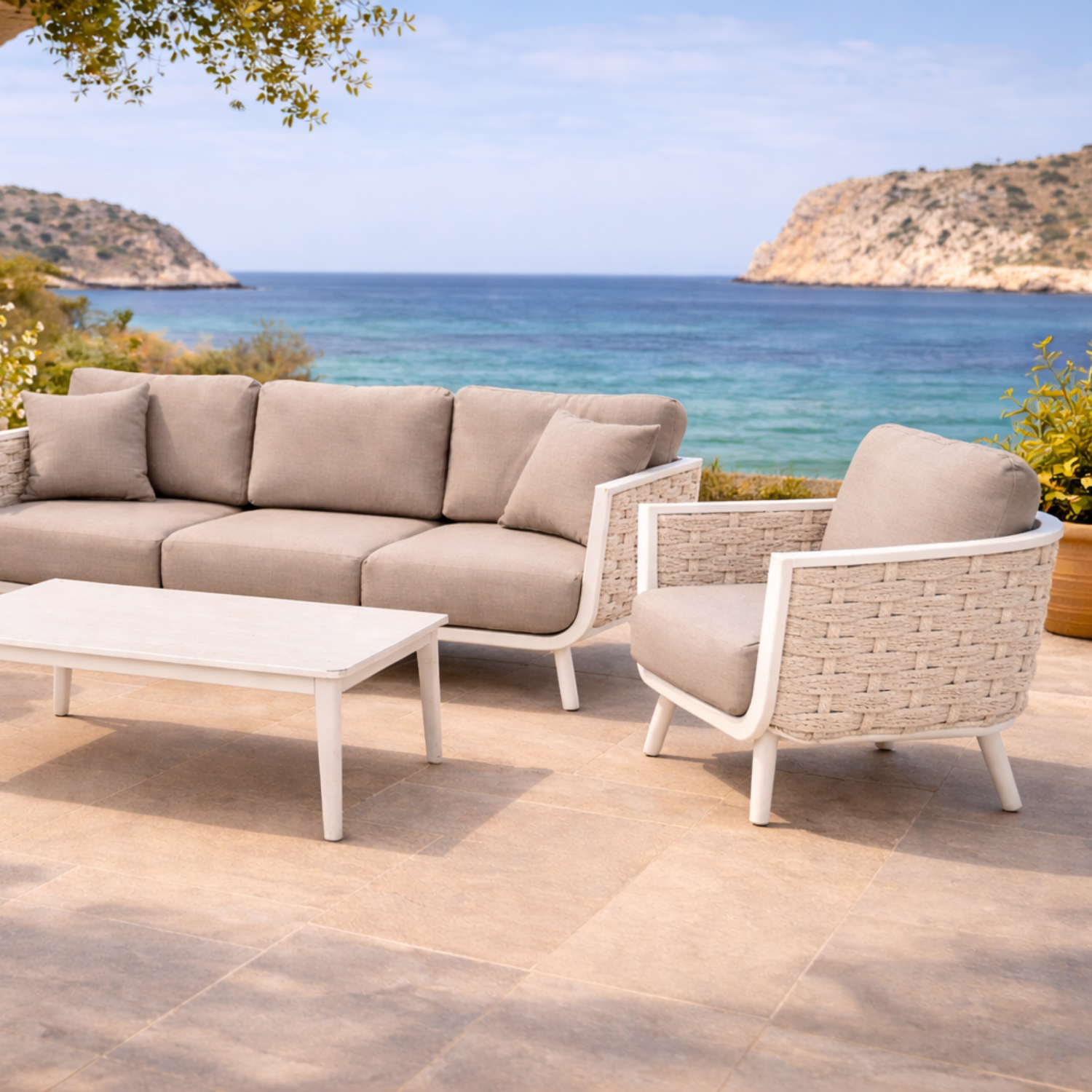 Rope Sofa Set on a mediterranean terrace with seaview