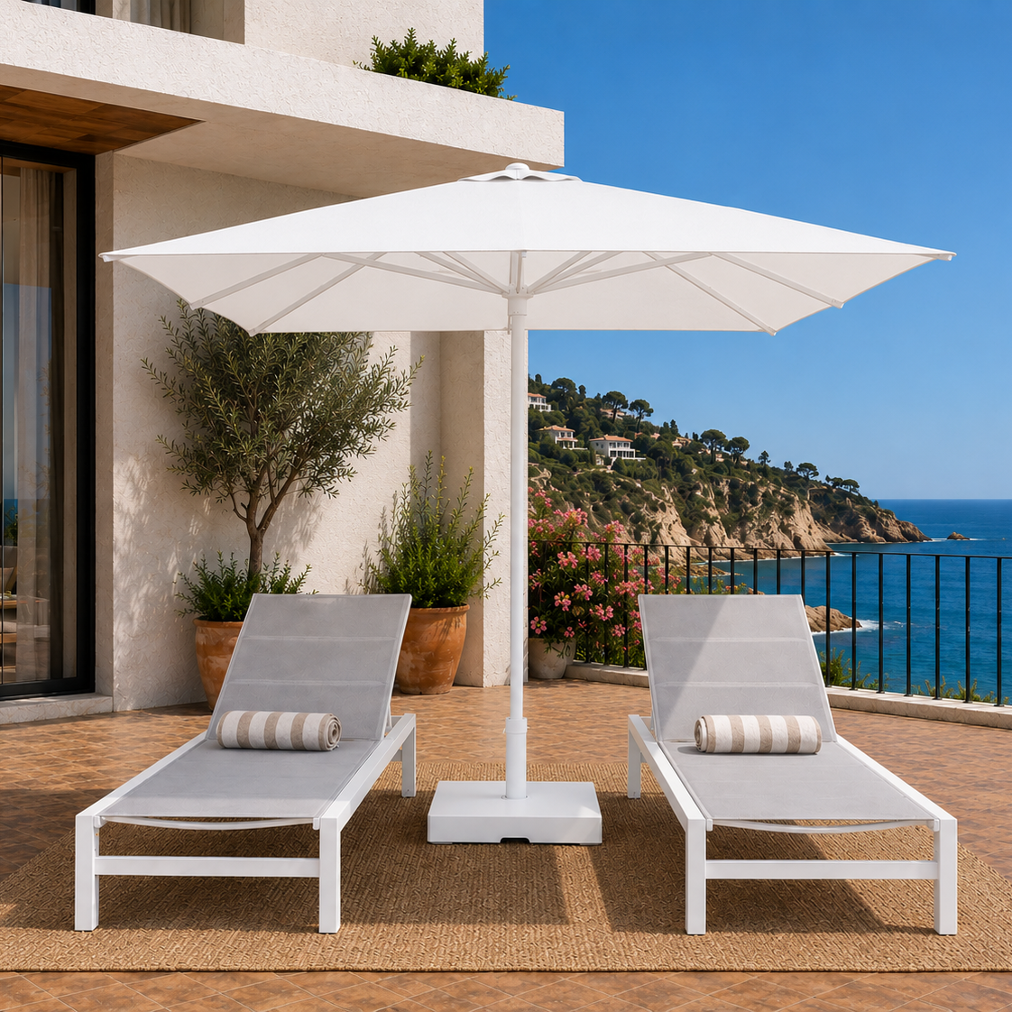 Two lounge chairs under a large white umbrella on a deck with ocean view