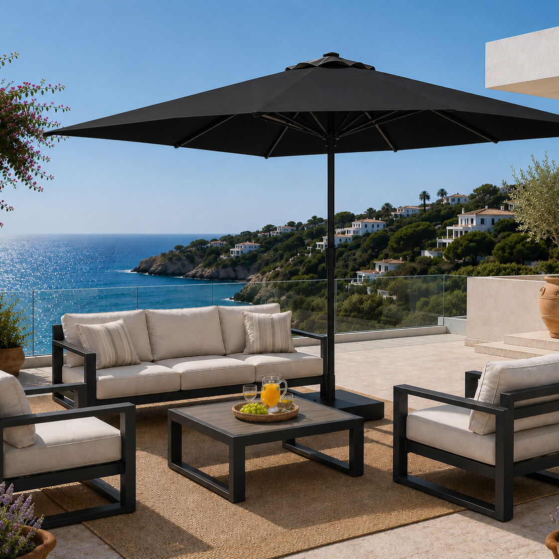 Outdoor patio set with black umbrella, chairs, and table overlooking a scenic ocean view.