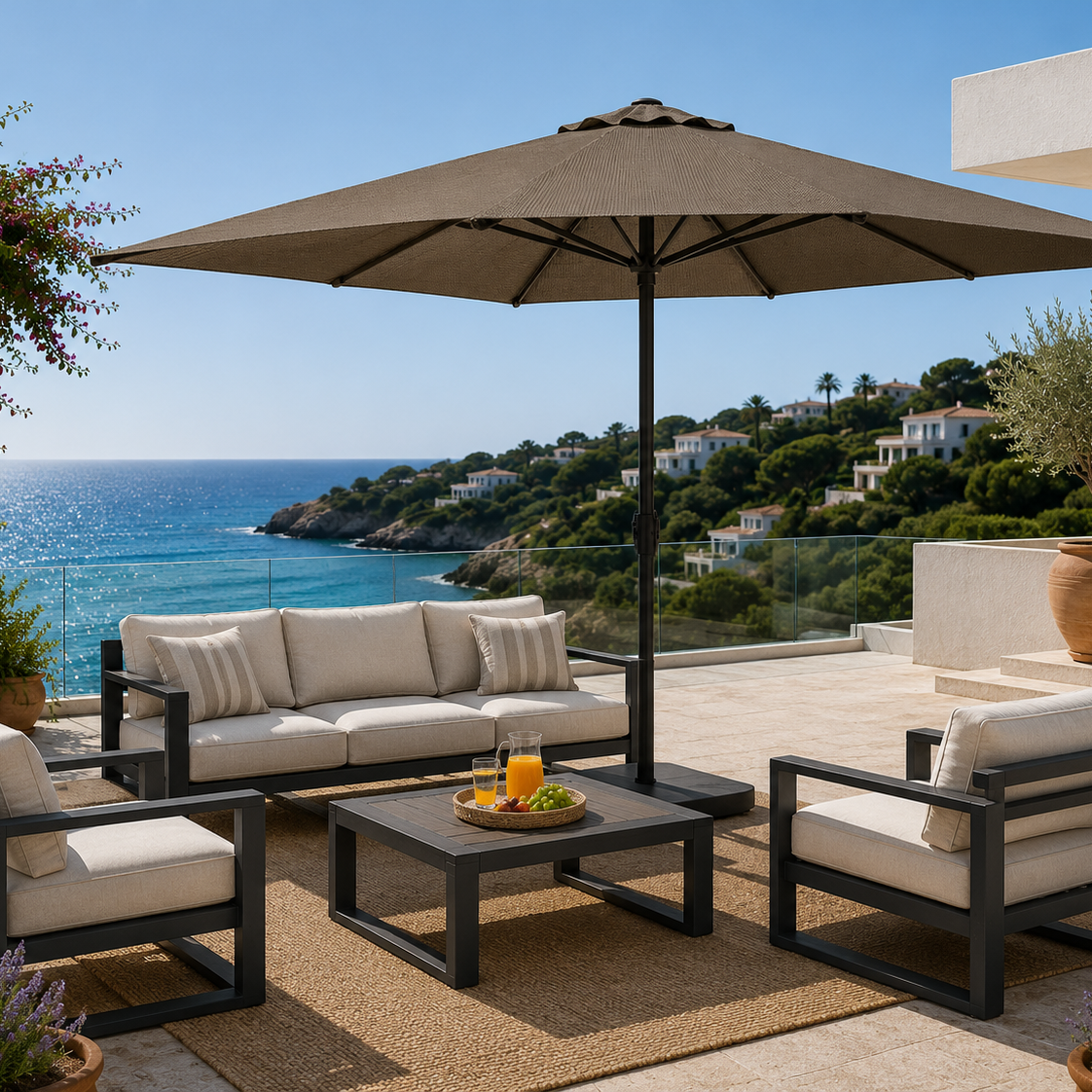 Outdoor patio set with furniture and umbrella overlooking a scenic ocean view.
