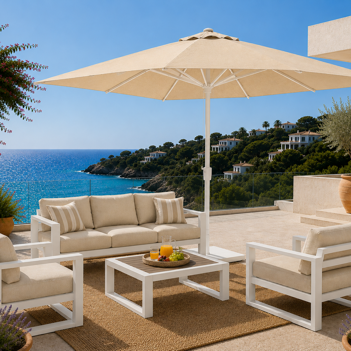 Outdoor patio set with beige furniture, umbrella, and table on a scenic coastal background.