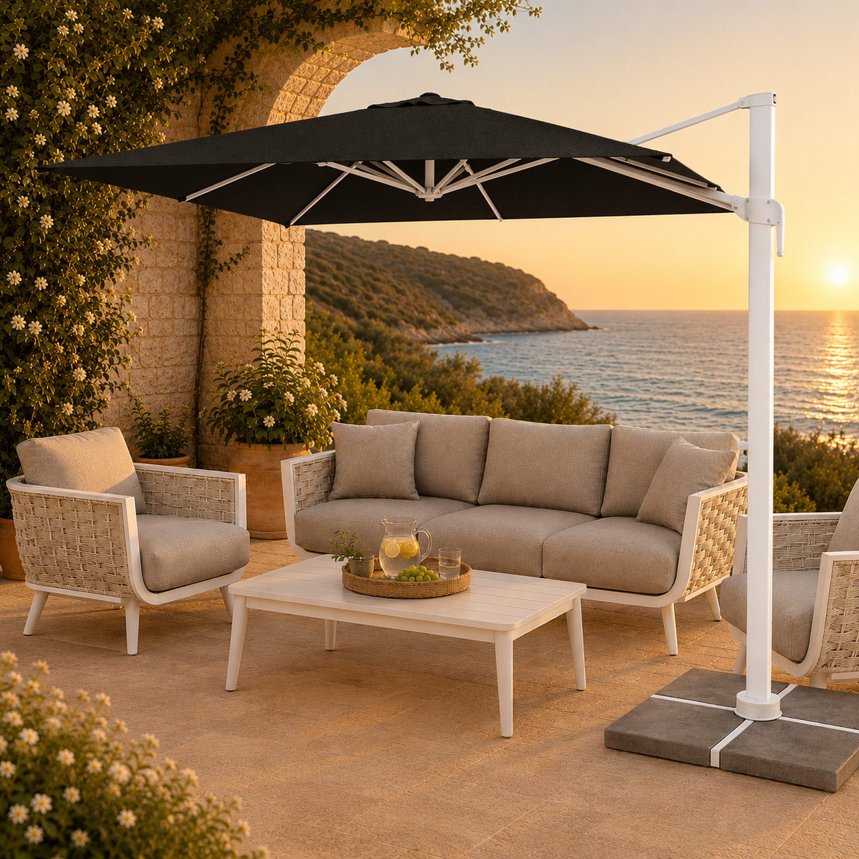 White Black Outdoor Umbrella by Dumas Design Garden Furniture in Benissa on the Costa Blanca in Spain