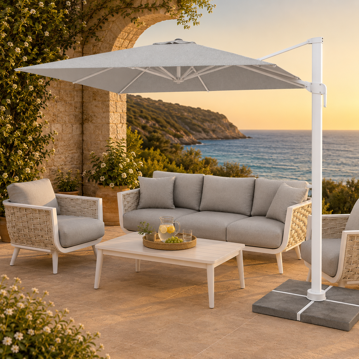 White & Grey Outdoor Umbrella by Dumas Design Garden Furniture in Benissa on the Costa Blanca in Spain